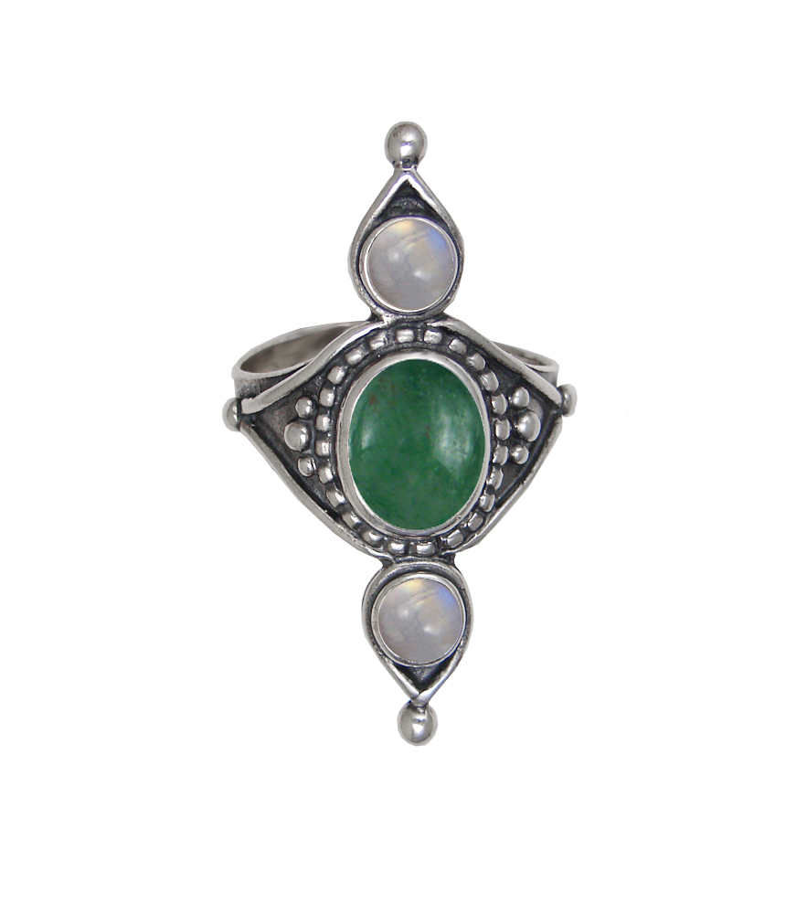 Sterling Silver Royal Ring With Jade And Rainbow Moonstone Size 9